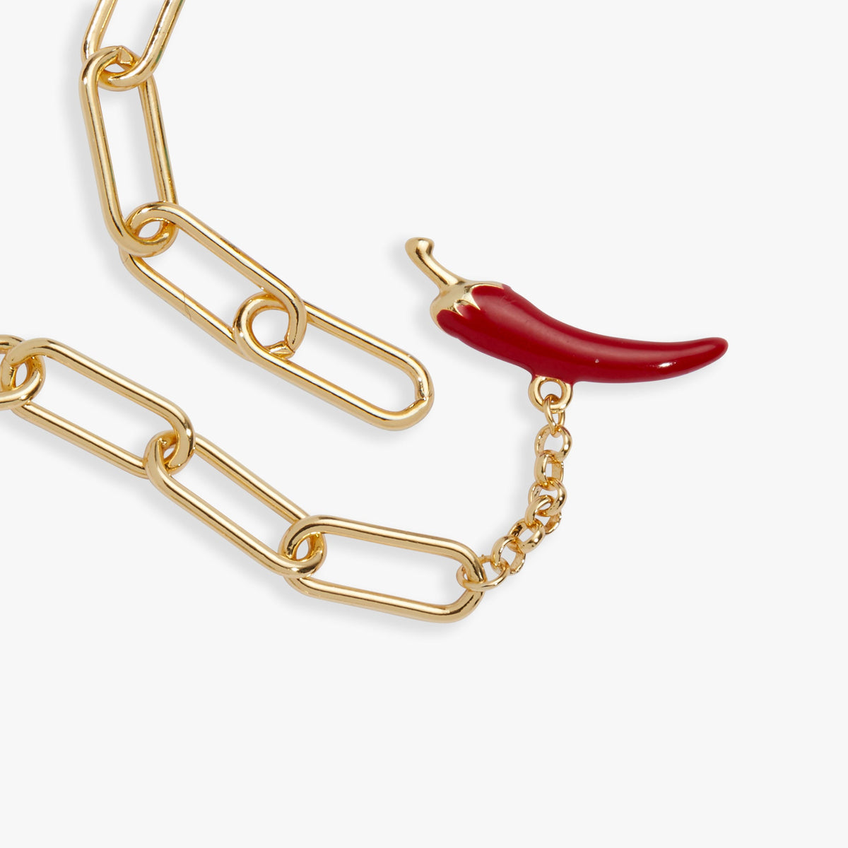 Gold toggle bracelet with linked chain and red chili toggle charm