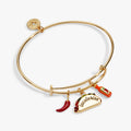 Gold bangle bracelet with taco, chili, pepper and bottle charms