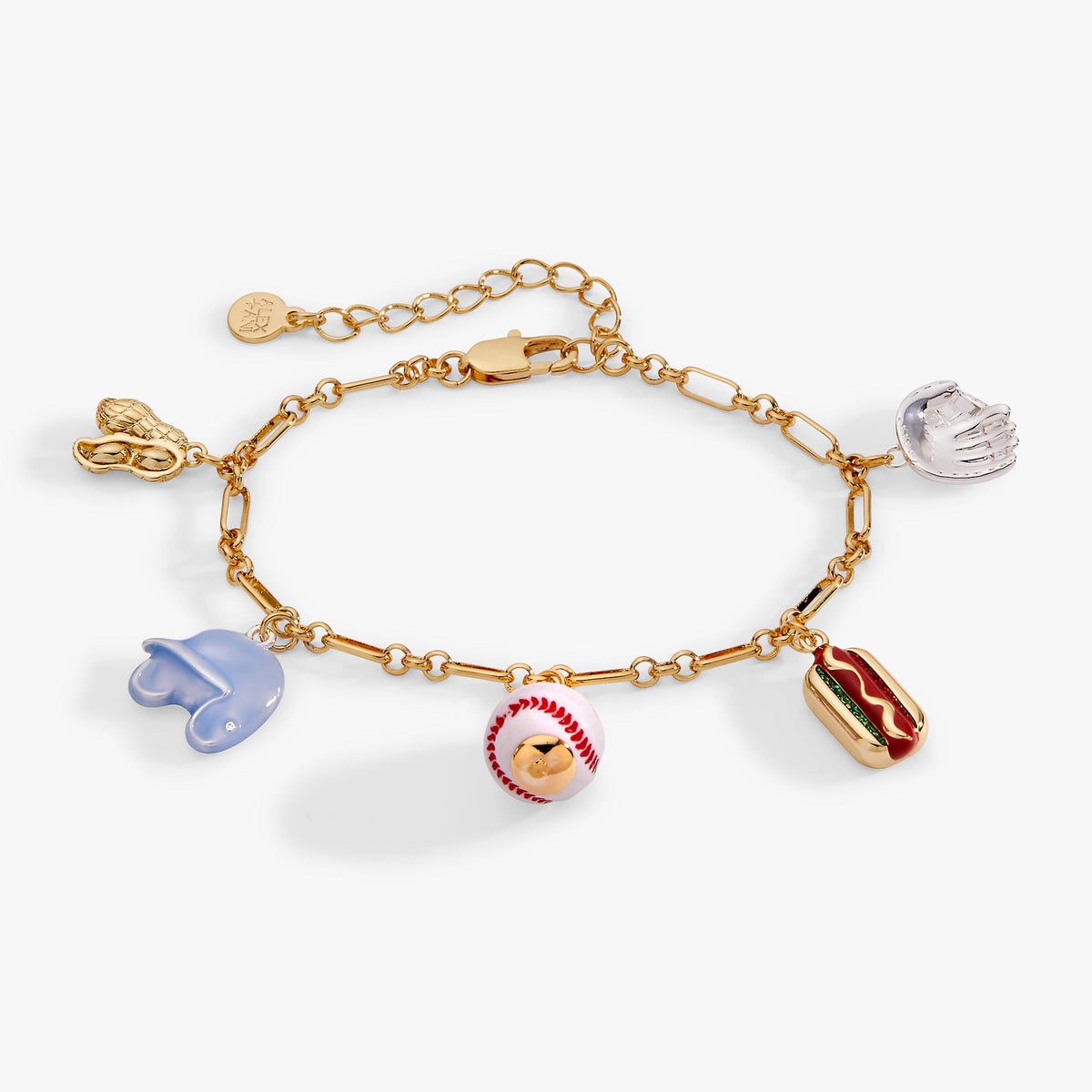 Two-tone baseball charm bracelet with baseball, hot dog, blue glove, and bat charms