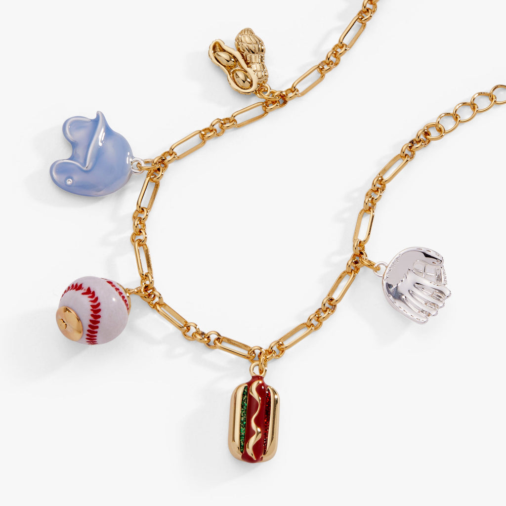 Two-tone baseball charm bracelet with blue glove, baseball, hot dog, and helmet charms