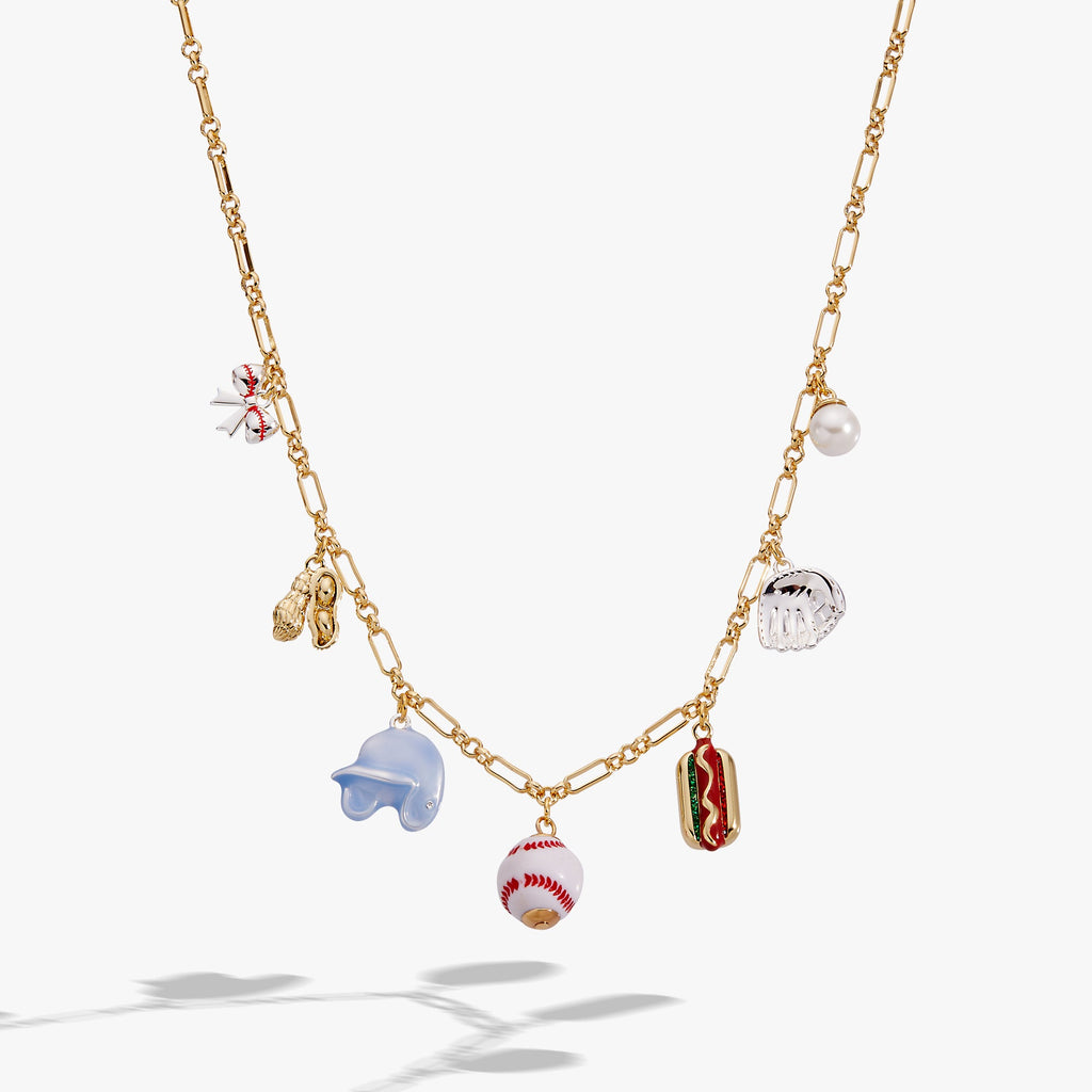 Two-tone charm necklace with baseball, hot dog, glove, pearl and cap charms