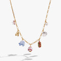 Two-tone charm necklace with baseball, hot dog, glove, pearl and cap charms