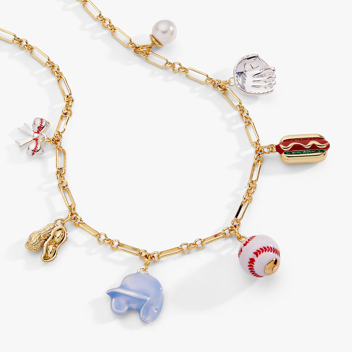 Two-tone chain necklace with baseball glove, hot dog, baseball and blue shoe charms