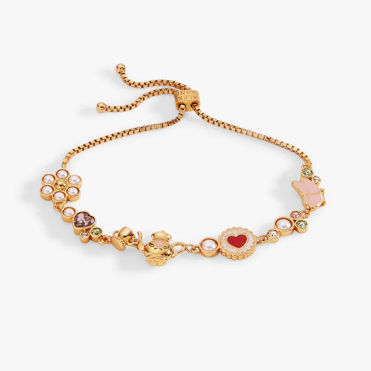 Gold-tone bolo bracelet with heart, pearl, and tea-themed charm beads
