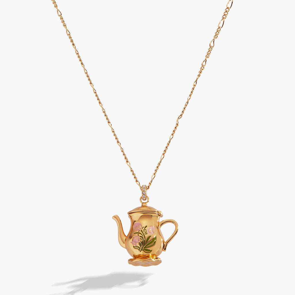 Gold-tone teapot locket pendant necklace with long chain