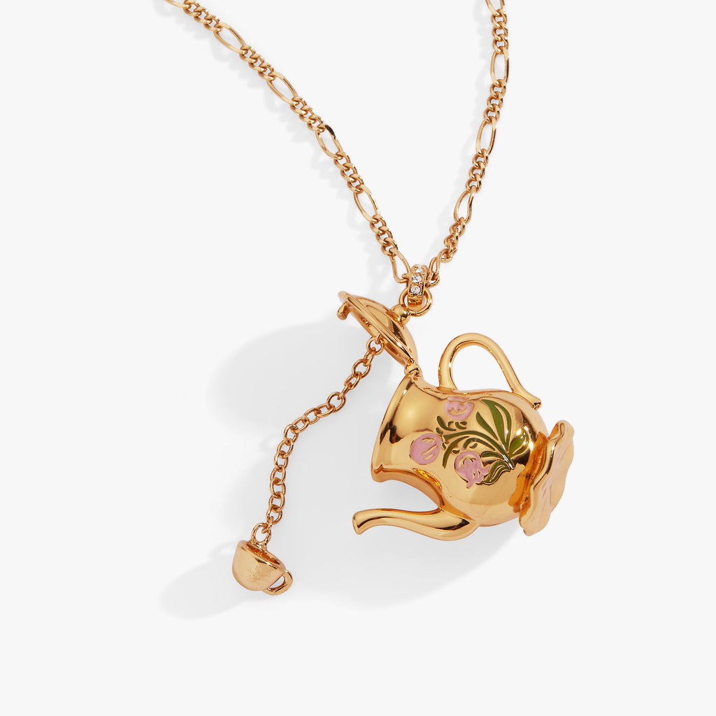 Gold-tone teapot locket pendant necklace with extended chain and clasp