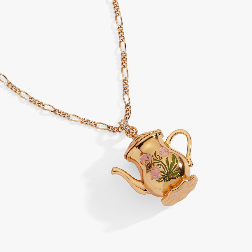 Gold-tone teapot locket pendant necklace, angled close-up