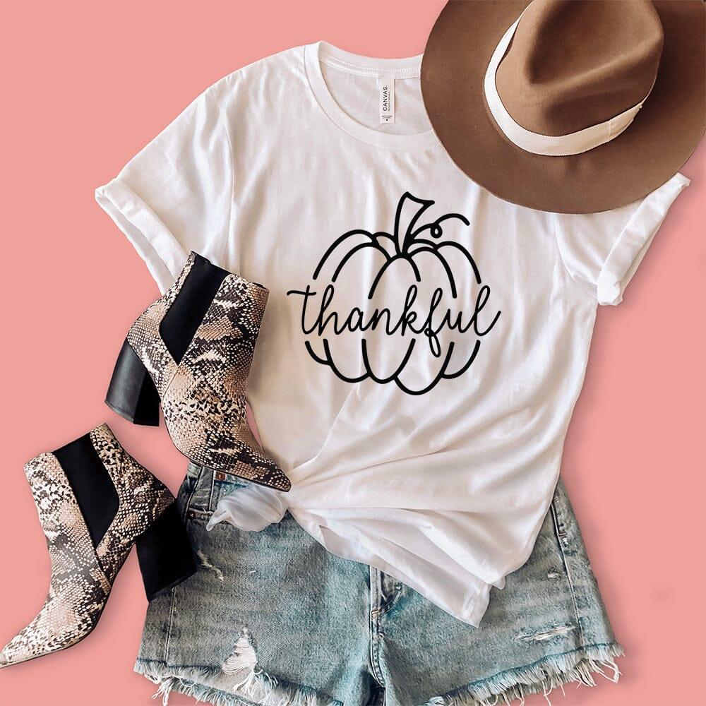 White crew-neck T-shirt with black thankful pumpkin graphic