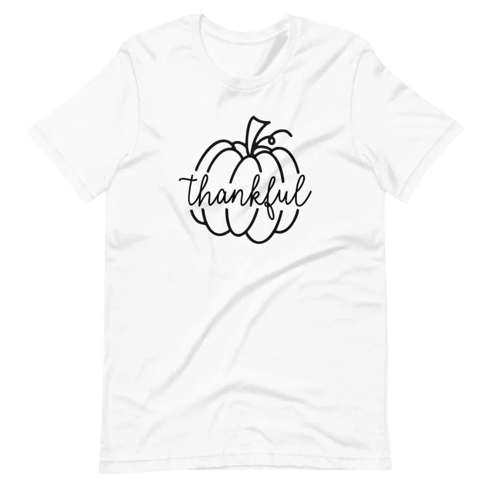 White crew-neck T-shirt with black thankful pumpkin front print