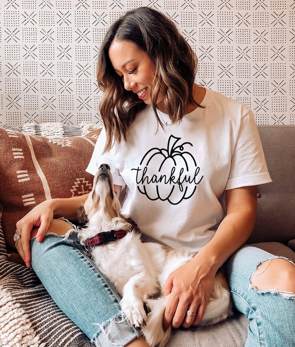 White crew-neck T-shirt with black thankful pumpkin graphic