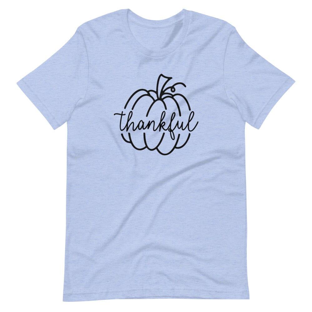 Heather blue crew-neck T-shirt with black thankful pumpkin graphic