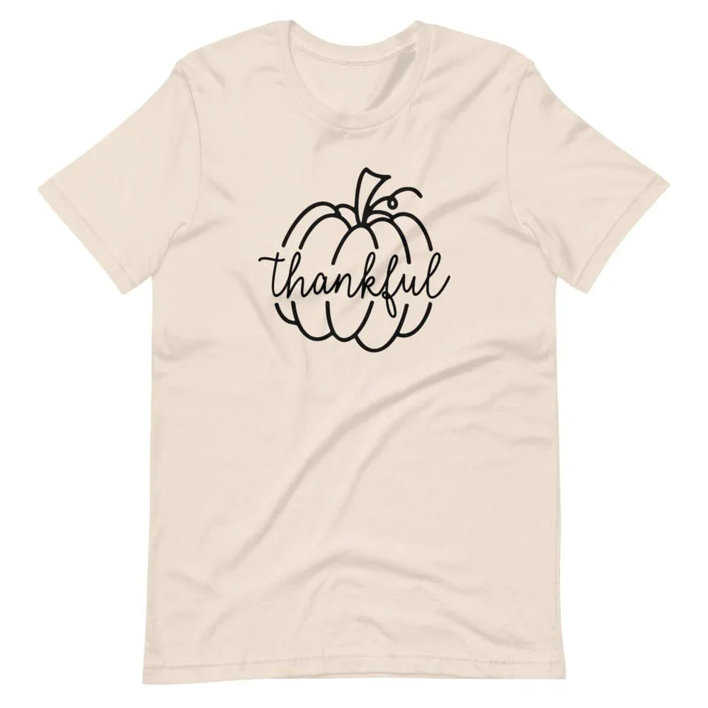 Soft cream crew-neck T-shirt with black thankful pumpkin graphic