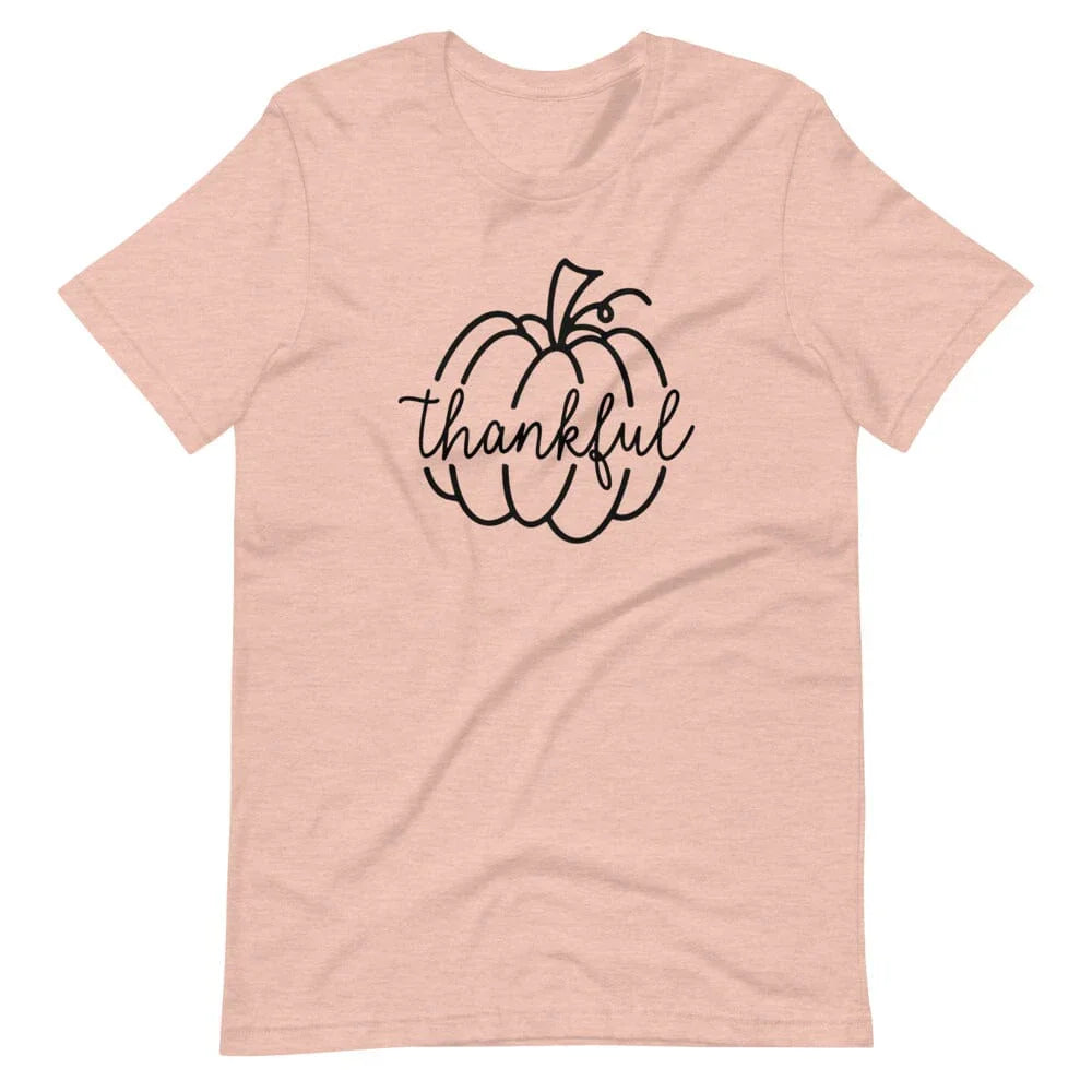 Heather prism peach crew-neck T-shirt with black thankful pumpkin graphic