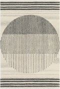 Hand-tufted wool area rug, cream with charcoal striped bands and semicircle motif
