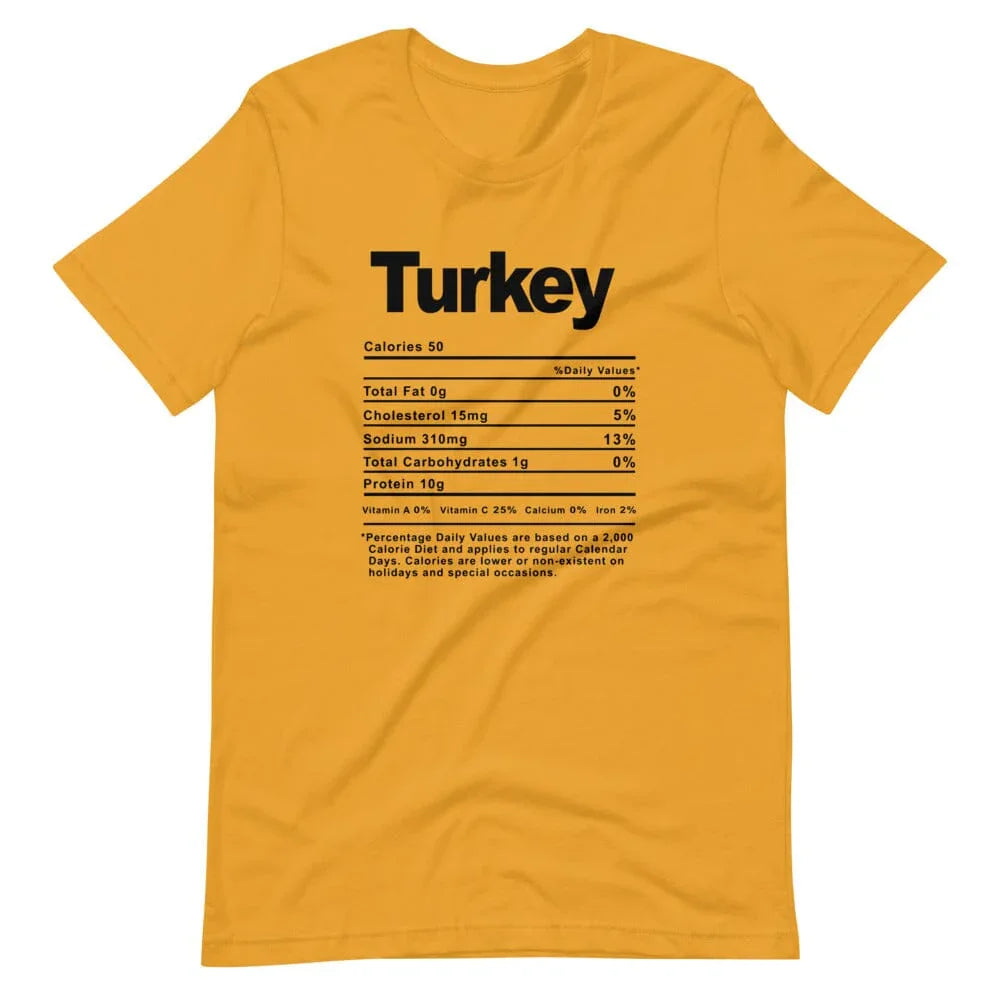 Yellow short-sleeve T-shirt with bold 'Turkey' text and nutrition facts graphic