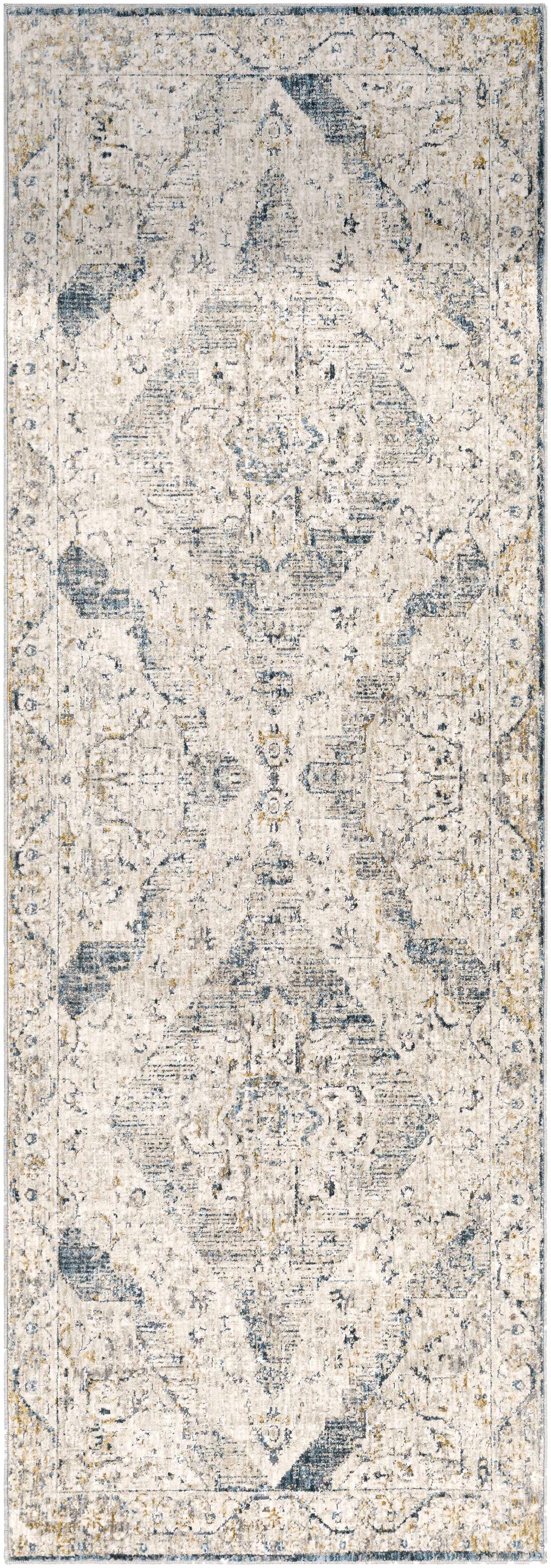 Rectangular area rug with distressed central medallion and ornamental border in light gray