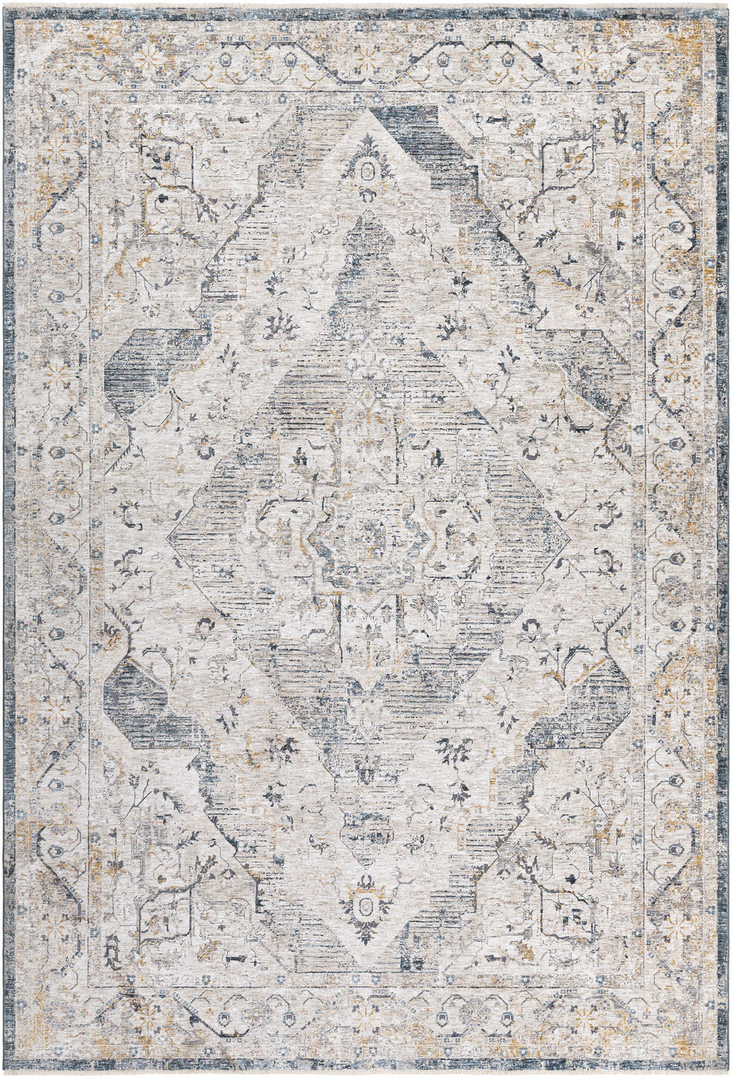 Wadeye Luxe Fringe Medallion Area Rug – Mustard, Navy & Gray