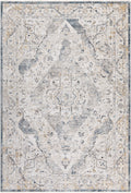 Square area rug with distressed medallion pattern in light gray, navy, and mustard