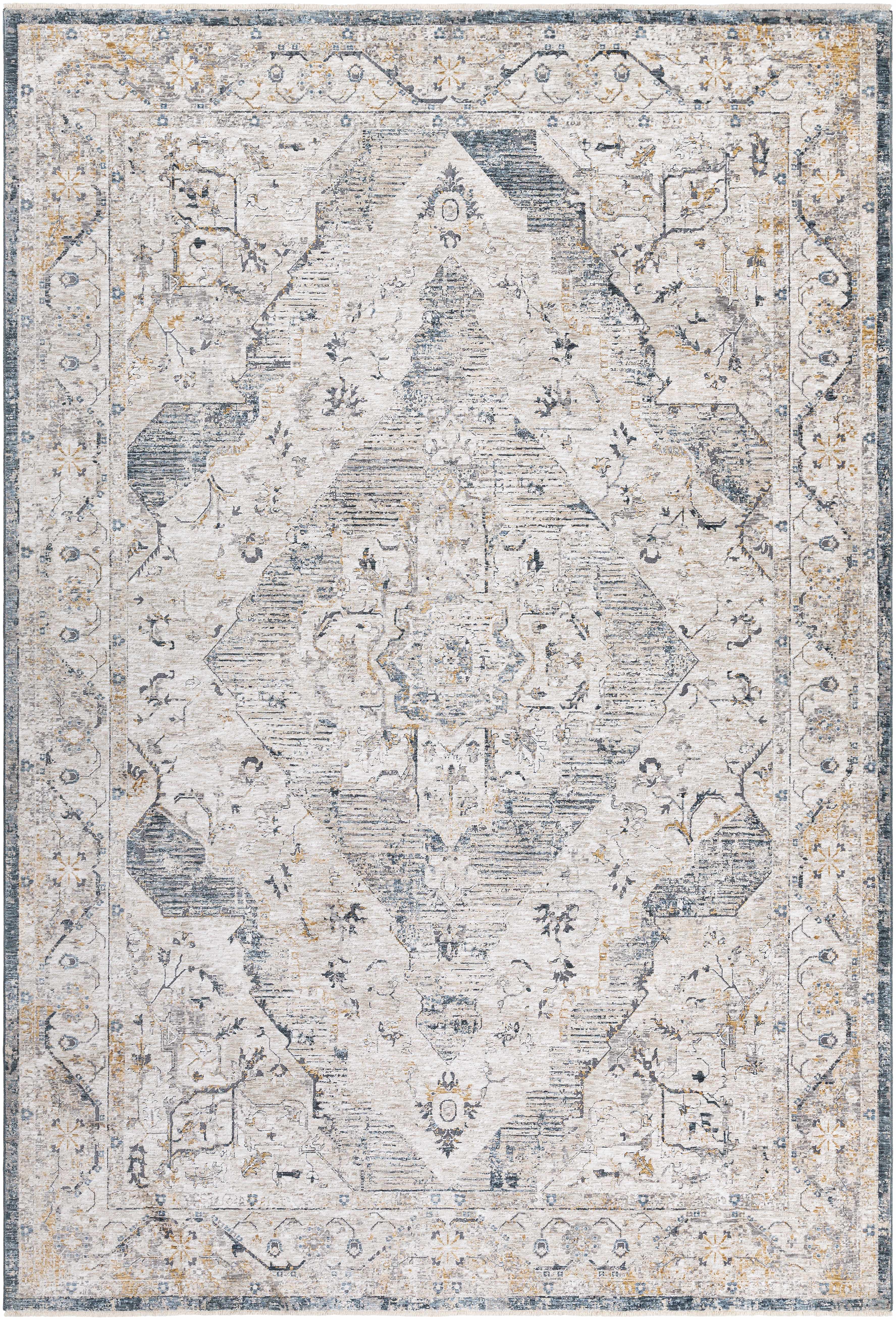 Wadeye Luxe Fringe Medallion Area Rug – Mustard, Navy & Gray