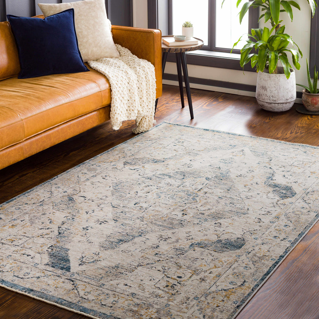 Wadeye Luxe Fringe Medallion Area Rug – Mustard, Navy & Gray
