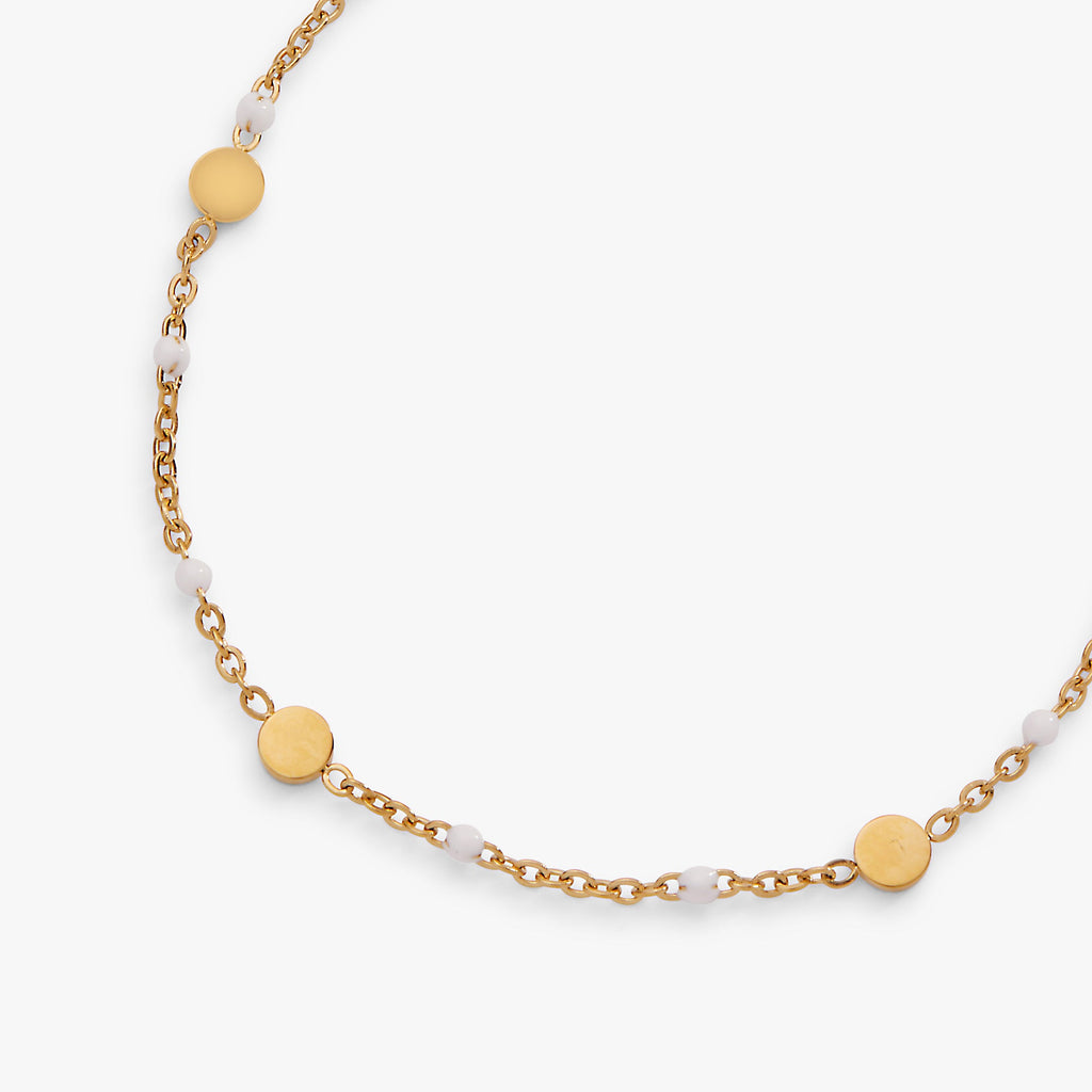 Gold coin station chain anklet with round discs and white enamel links
