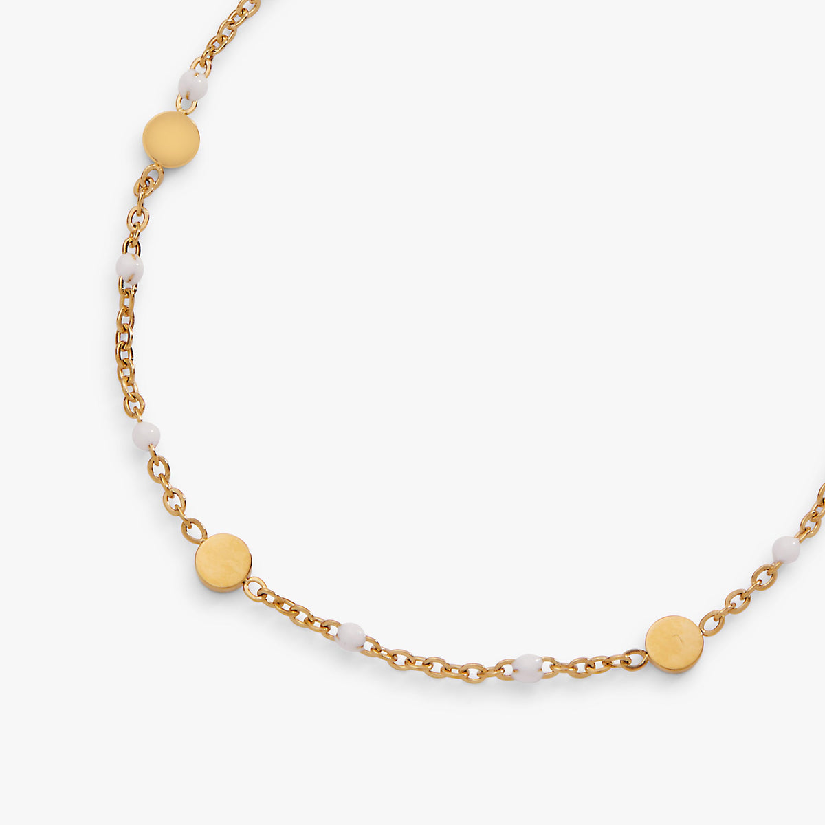 Gold coin station chain anklet with round discs and white enamel links