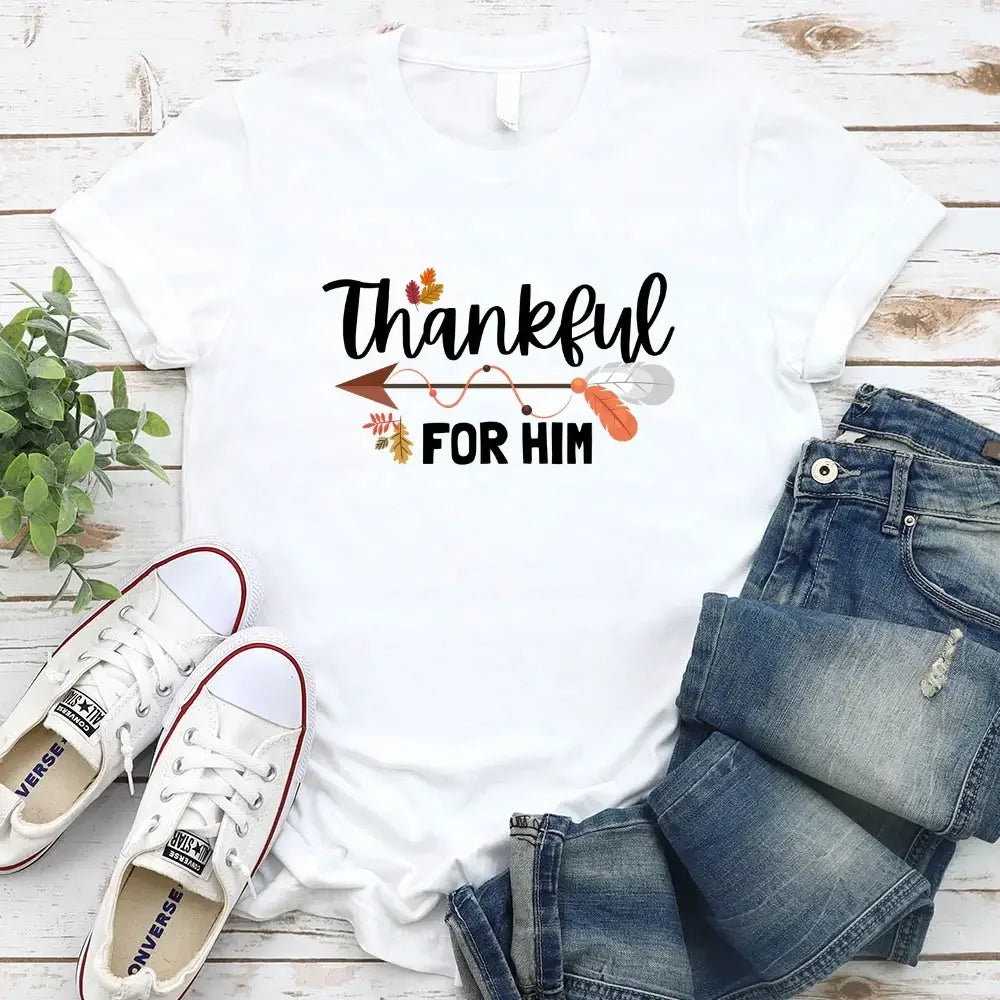 White T-shirt with “Thankful for Him” fall-themed graphic