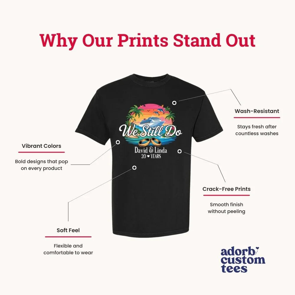 Adorb custom tees infographic showing a black T-shirt with a colorful front design